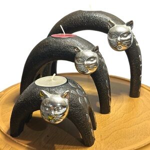 Arched back cat candle holders set of 3 metal Tealight holder black silver‎
